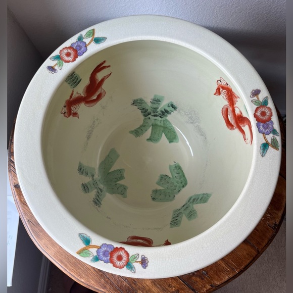 Vintage Chinoiserie Large Porcelain Koi Fish Planter Bowl Cachepot - Picture 8 of 12